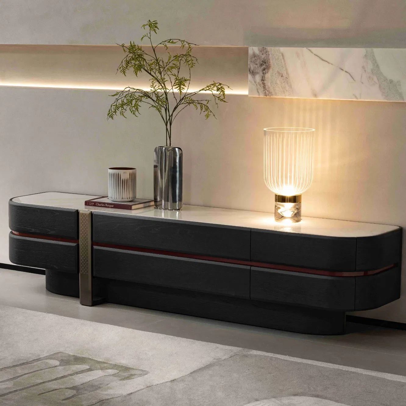 New Design Solid Wood Marble Top Minimalist TV Stand