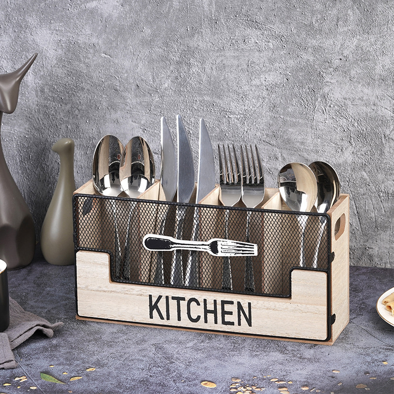 Wooden Kitchen Utensil Holder Caddy Flatware Organizer Cutlery Drainer with Handle Ez29769