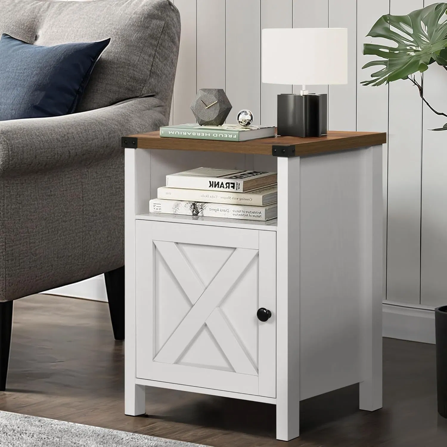 Modern Furniture Popular Rustic Gray Wood Color Nightstand with Barn Door, Open Shelf, and Industrial Accents for Home Cabinet&amp; Bedroom Nightstand