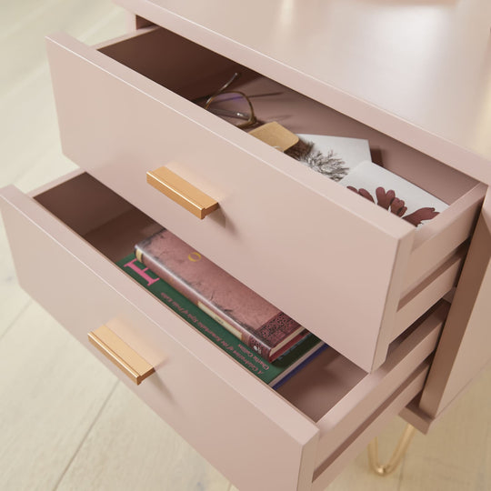 Modern Pink Painted Wood Nightstands with 2 Storage Drawers, Industrial Legs Contemporary Bedside Table, Lamp Table, Bedroom Night Stand