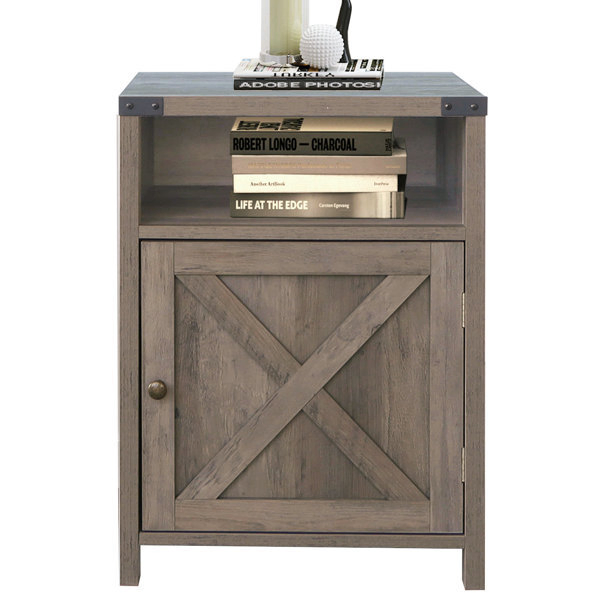 Modern Furniture Popular Rustic Gray Wood Color Nightstand with Barn Door, Open Shelf, and Industrial Accents for Home Cabinet&amp; Bedroom Nightstand