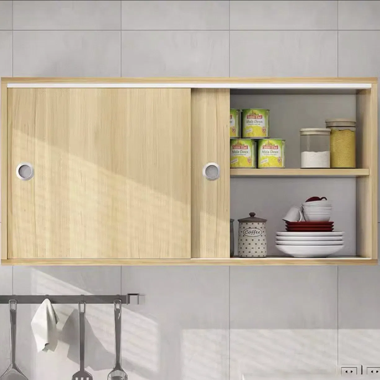 Elegant Wooden Wall-Mounted Kitchen Organizer with Sliding Doors