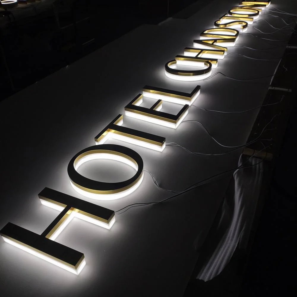 Custom Design Gold Mirror Finished Stainless Steel 3D Backlit Signage