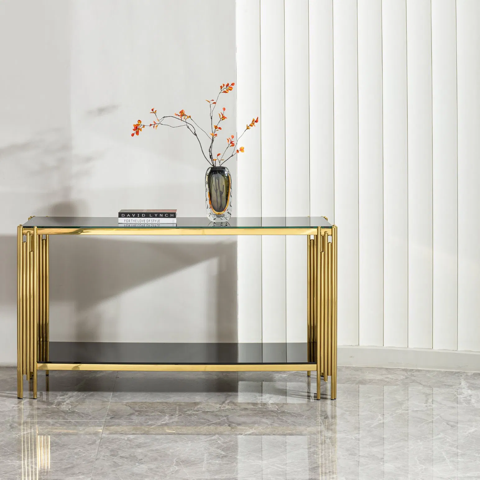 Modern Luxury Living Room 2-Tier Shelf Black Glass and Gold Metal Frame Entryway Console Tables