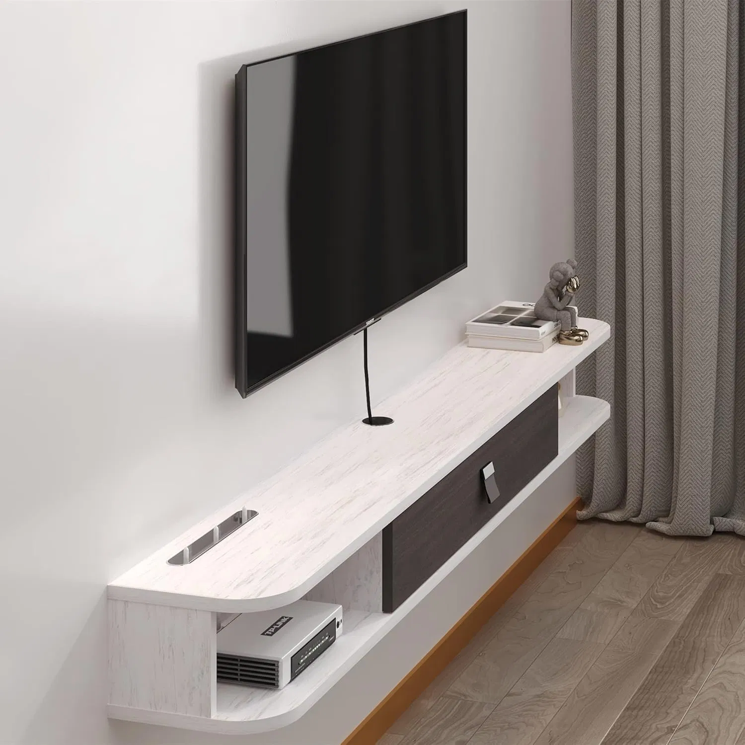 Minimalist White Finish Space Saving Drawers Floating TV Stand