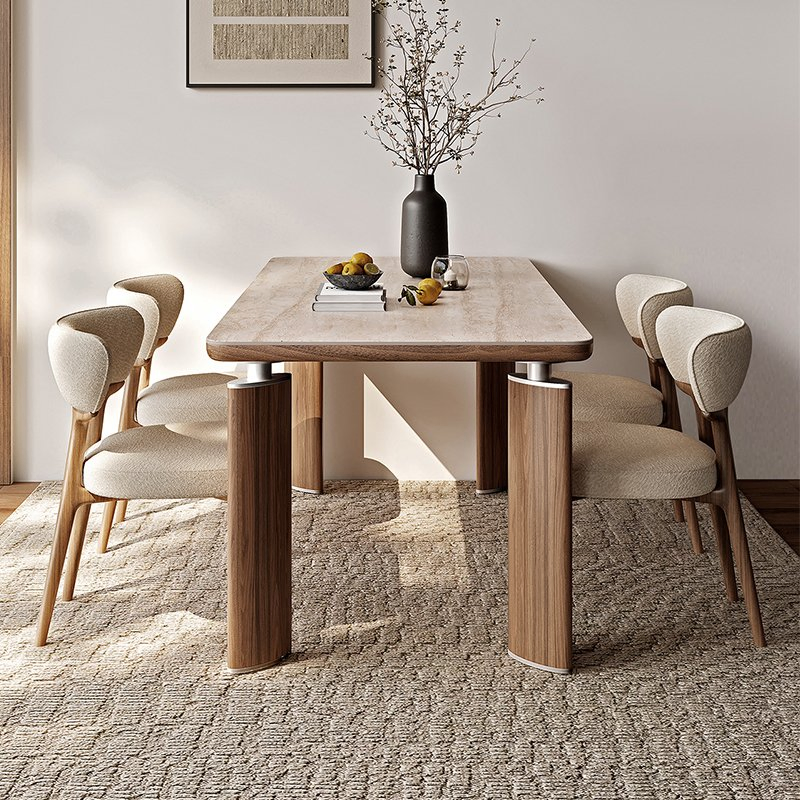 Luxury Travertine Sintered Stone Rectangle Dining Table Set 6 8 Chairs Modern Wooden Stainless Steel Restaurant Dining Room Furniture