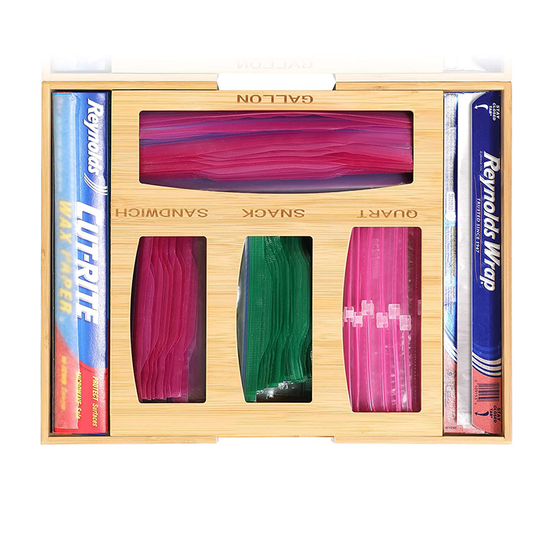 Customized Wooden Bamboo Kitchen Drawer Expandable Ziplock Bag Storage Organizer with Foil Wrap Dispenser