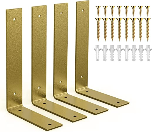 Gold Heavy Duty Shelf Brackets 8 X 6 Inch, Extra Thick L Shelving Brackets, Rustic Gold Iron Floating Shelves Wall Mounted with Hardware for DIY Open Shelving
