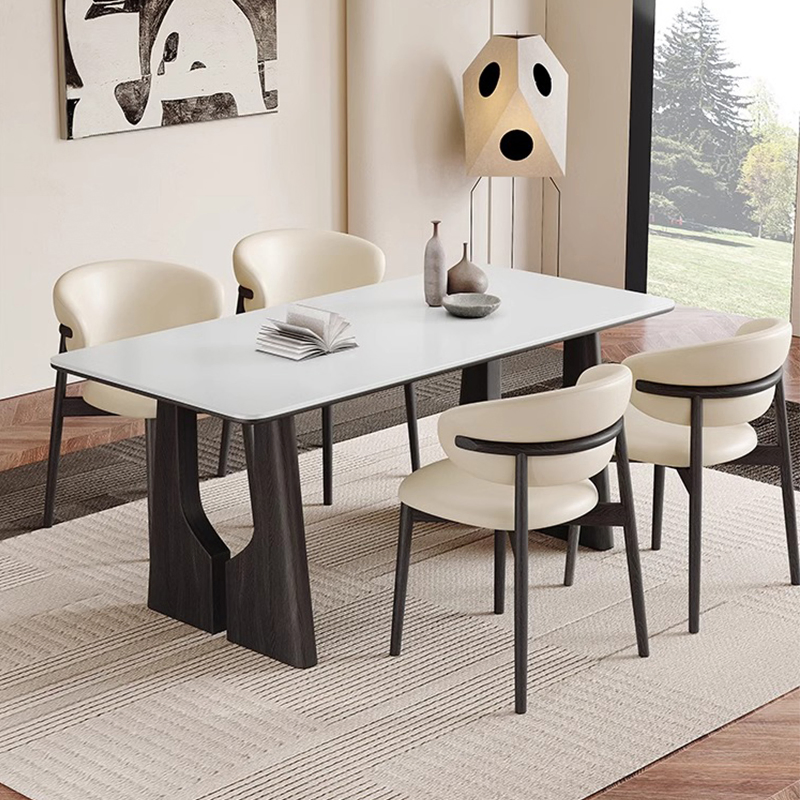 Rectangular Dining Table Set Light Luxury Sintered Stone Top Wooden Leg Table Kitchen Living Room Hotel Furniture