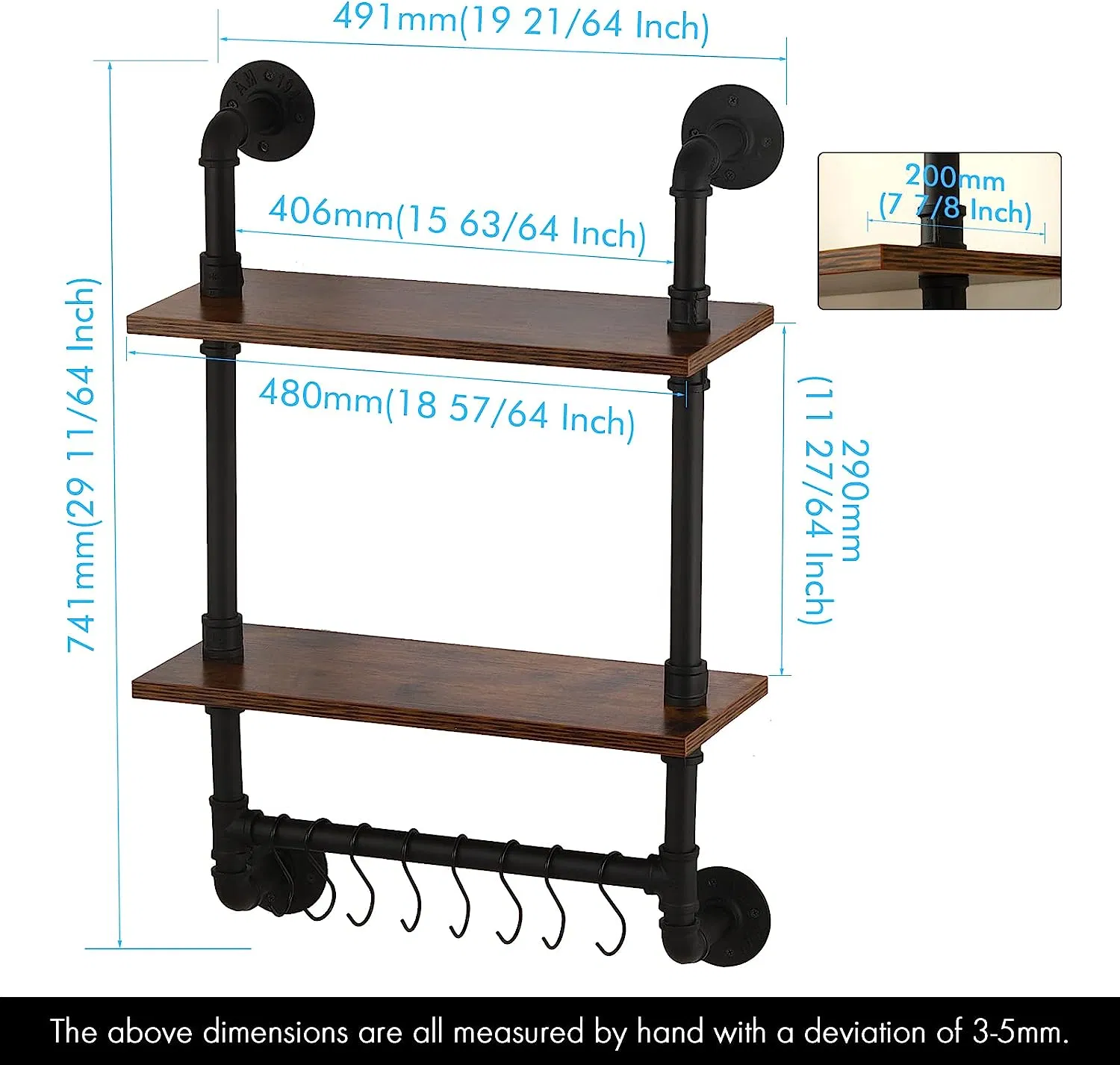Wall Mounted Industrial Style Pipe Floating Shelf with Iron Pipe Connectors for Farmhouse