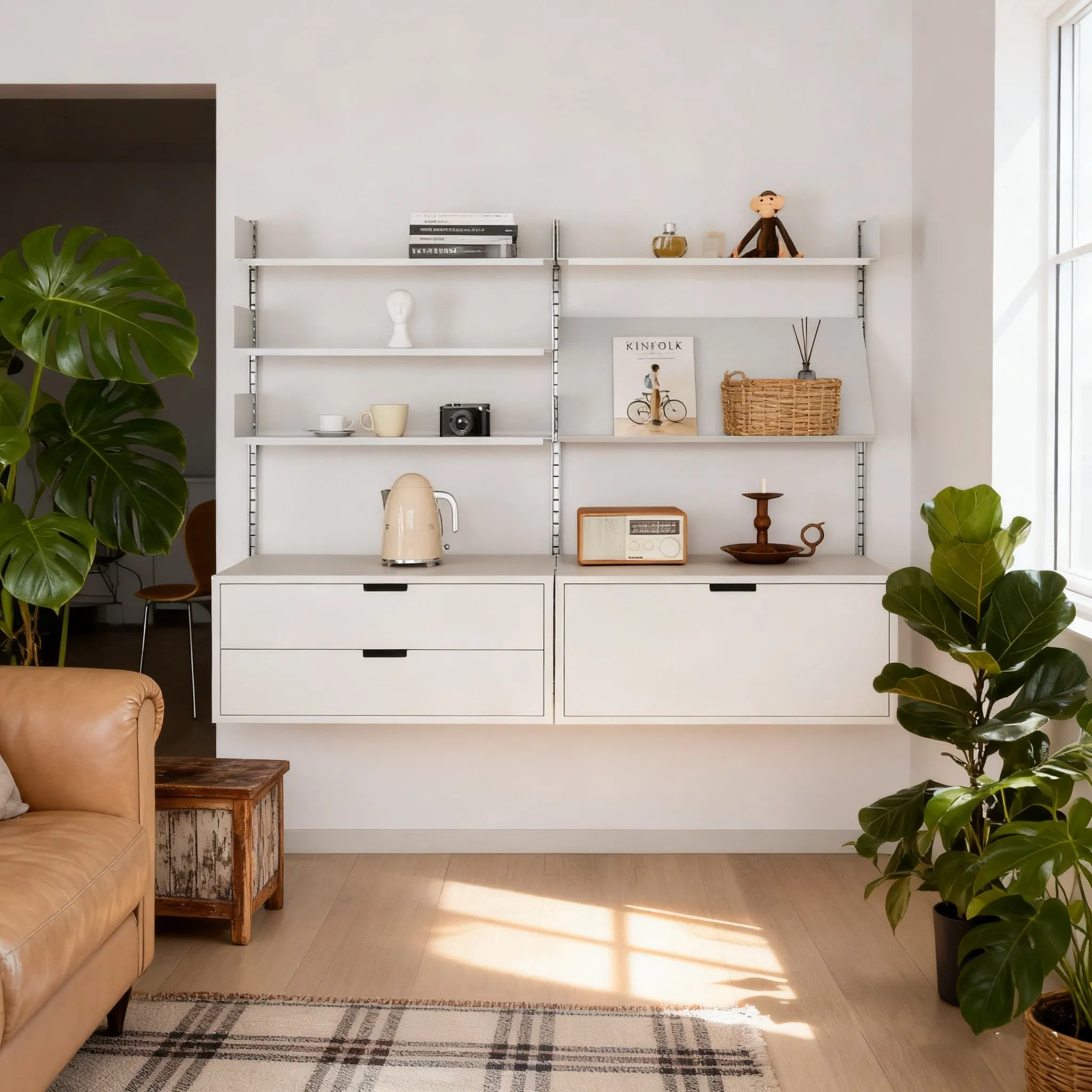 White Steel Floating Wall Modular Shelf System with Adiustable Track Post for Living Room