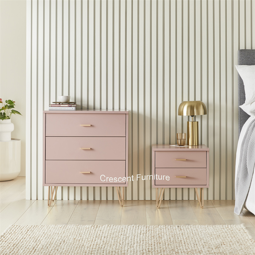 Modern Pink Painted Wood Nightstands with 2 Storage Drawers, Industrial Legs Contemporary Bedside Table, Lamp Table, Bedroom Night Stand