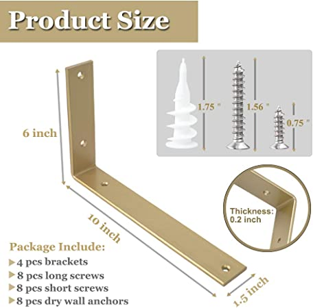 Gold Heavy Duty Shelf Brackets 8 X 6 Inch, Extra Thick L Shelving Brackets, Rustic Gold Iron Floating Shelves Wall Mounted with Hardware for DIY Open Shelving