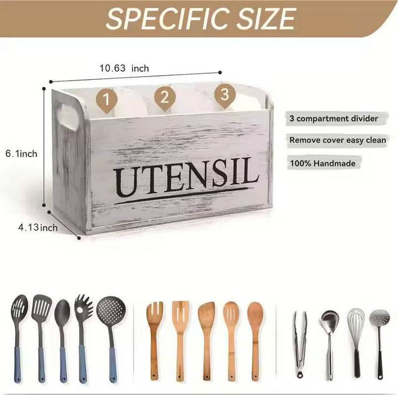 Large Kitchen Utensils Holder with 4 Compartments Wooden Organizer Ez29773