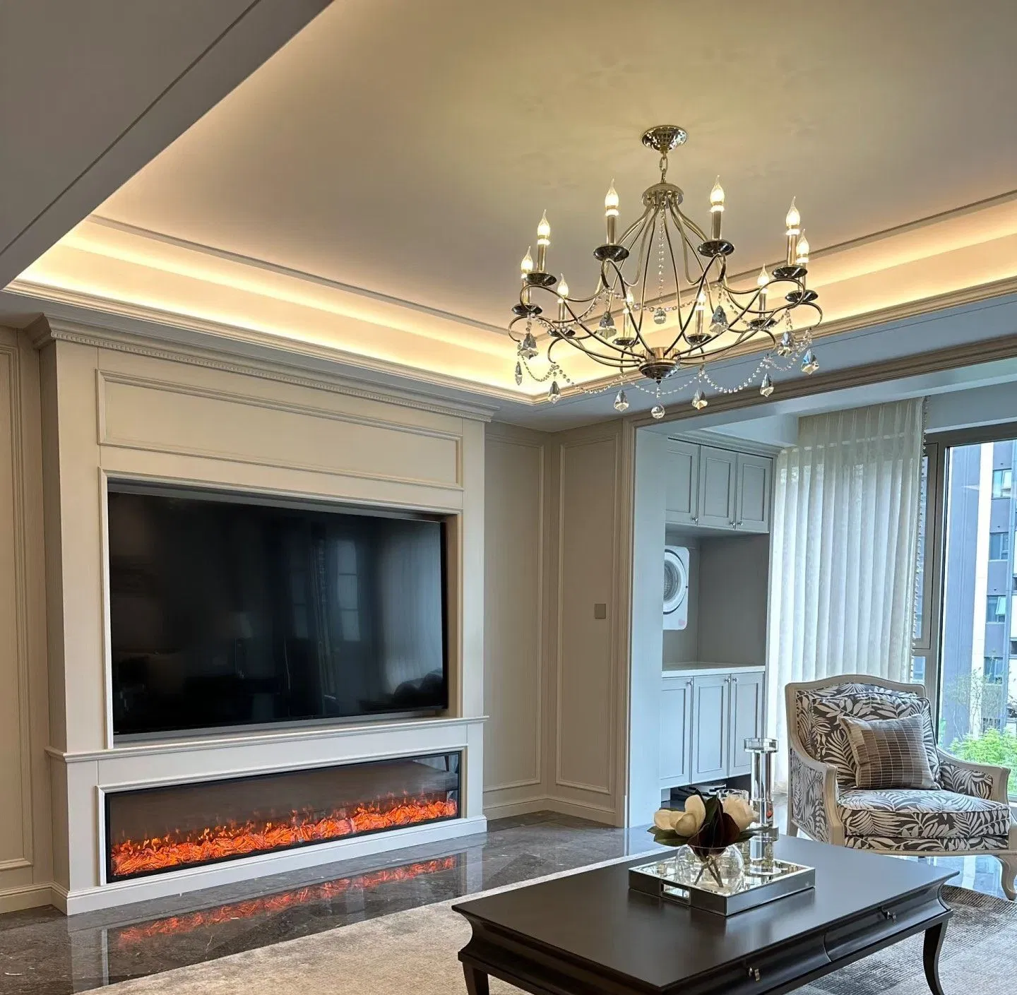 Minimalist Modern Living Room Movable Wooden Fireplace TV Stand Combination Wall Mounted Background Wall Cabinet