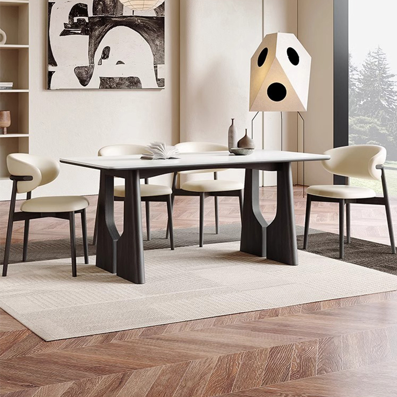 Rectangular Dining Table Set Light Luxury Sintered Stone Top Wooden Leg Table Kitchen Living Room Hotel Furniture