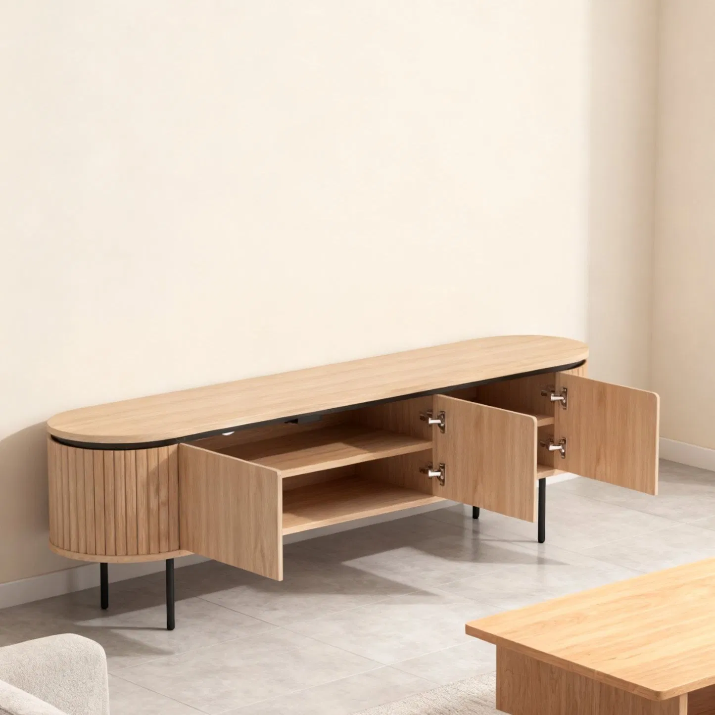 Modern Minimalist TV Stand Living Room &amp; Bedroom Media Center 3 Cabinet Doors Metal Frame