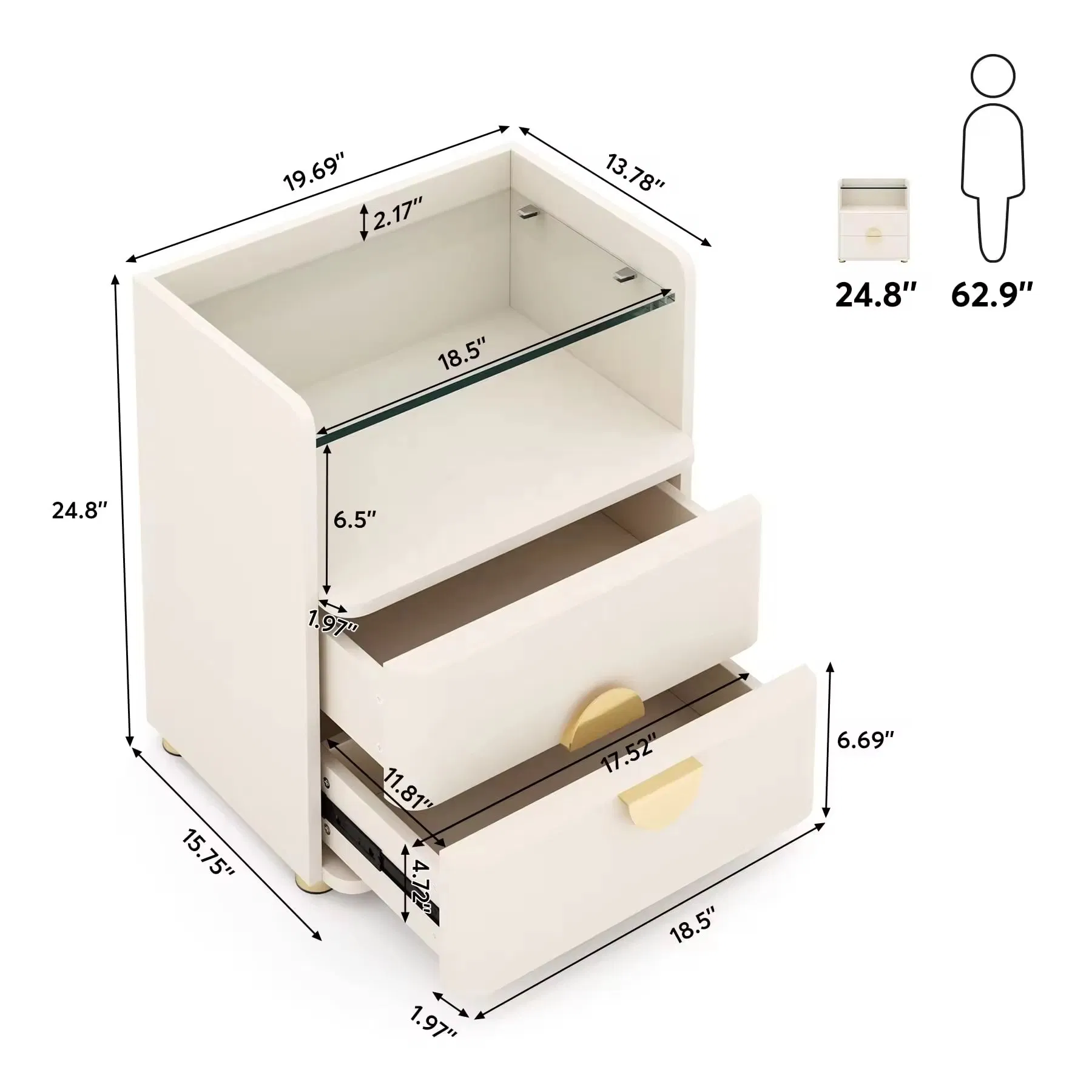 Solid Wooden Tempered Glasses Bedroom Furniture Bedside Table High Quality Minimalist Nightstands