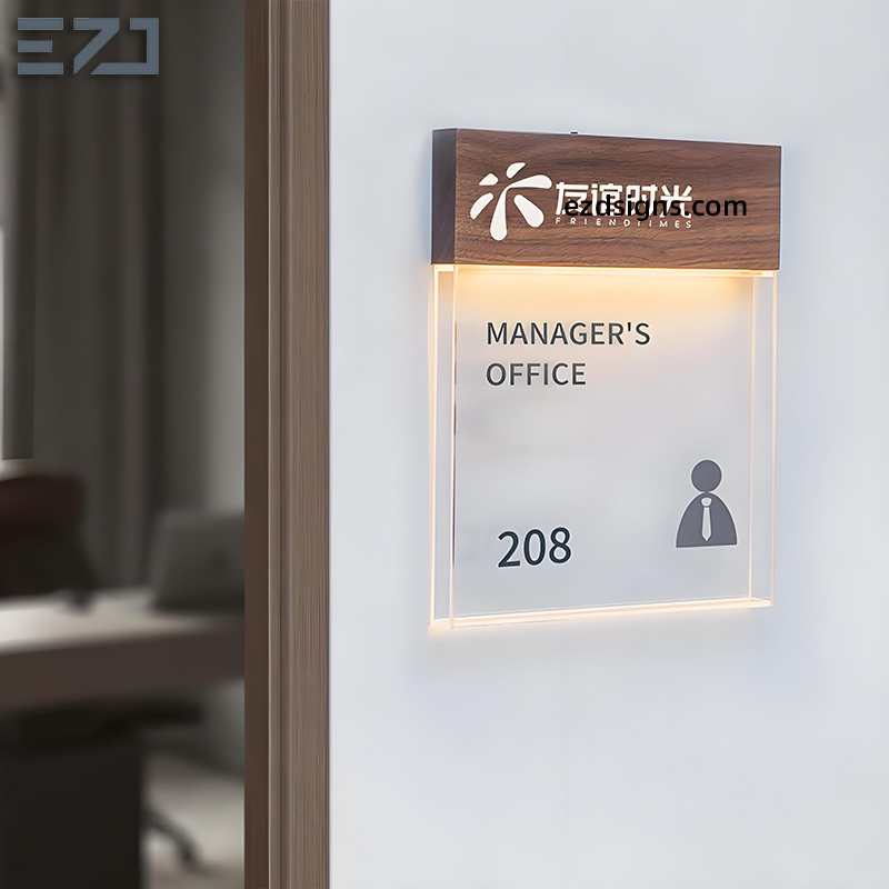 Transparent Glass &amp; Walnut Wood Office Room Number Name Signages for Wayfinding