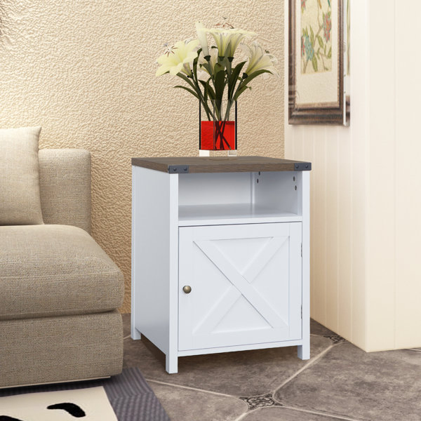 Modern Furniture Popular Rustic Gray Wood Color Nightstand with Barn Door, Open Shelf, and Industrial Accents for Home Cabinet&amp; Bedroom Nightstand
