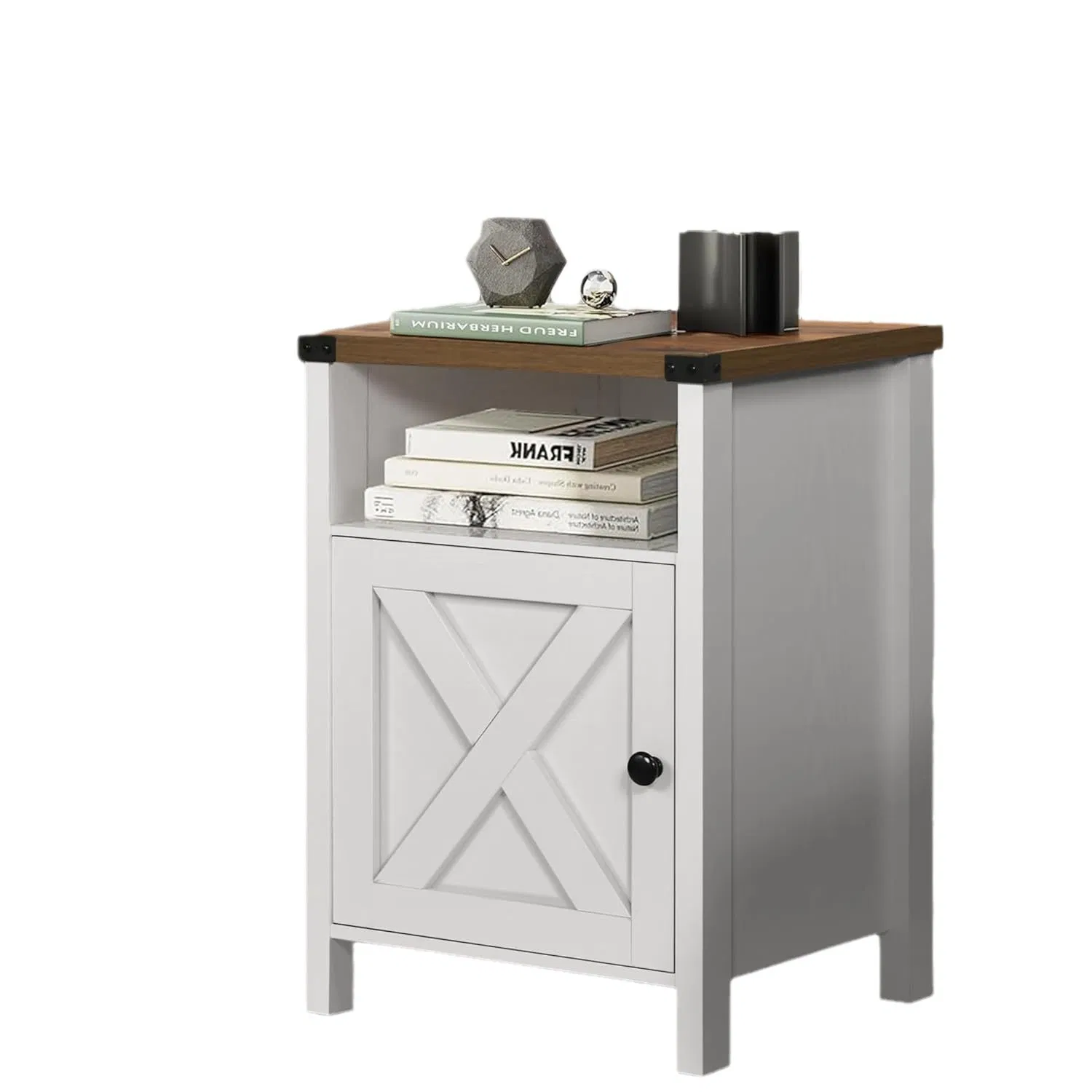 Modern Furniture Popular Rustic Gray Wood Color Nightstand with Barn Door, Open Shelf, and Industrial Accents for Home Cabinet&amp; Bedroom Nightstand