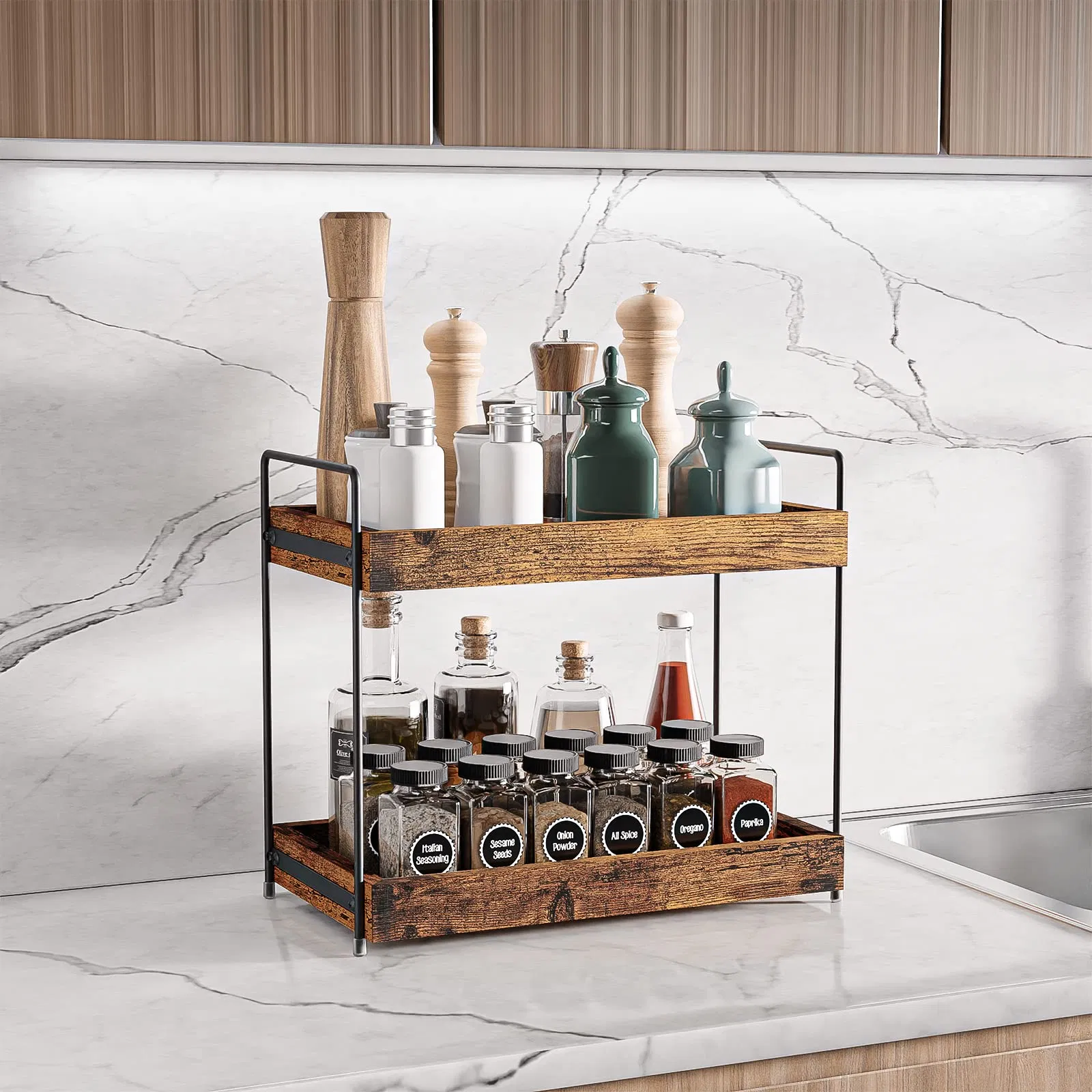 2-Tier Bathroom Counter Organizer, Wood Kitchen Countertop Spice Rack, Vanity Cosmetic Makeup Organizers Shelf for Bathroom Storage Organization, Rustic Brown