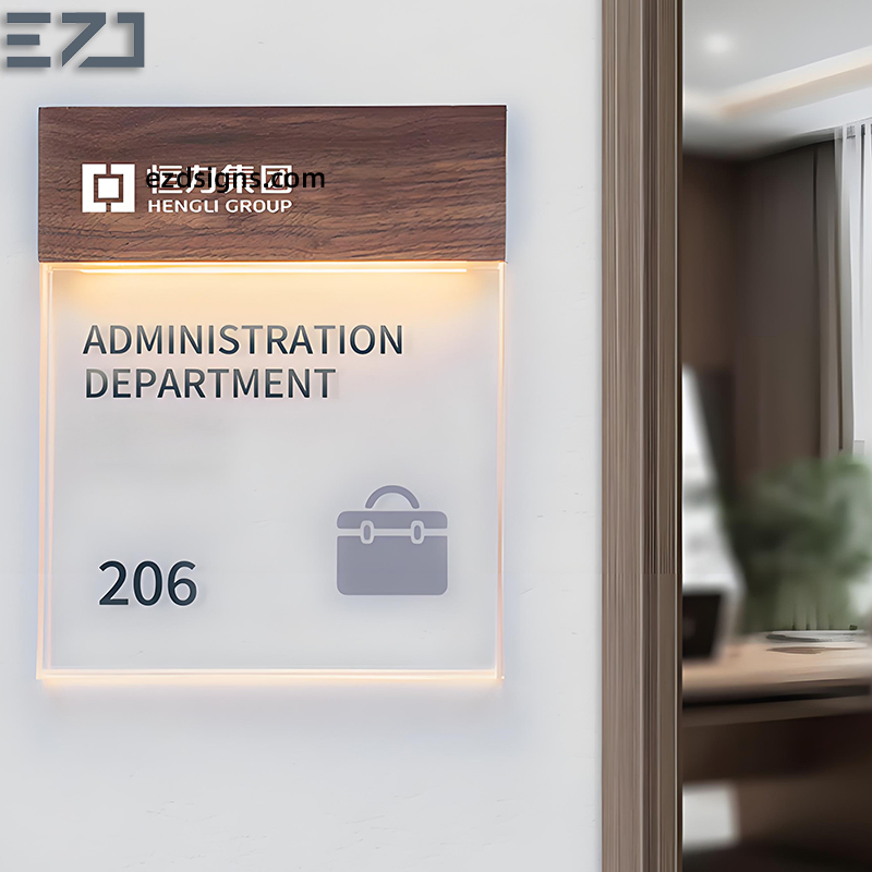 Transparent Glass &amp; Walnut Wood Office Room Number Name Signages for Wayfinding