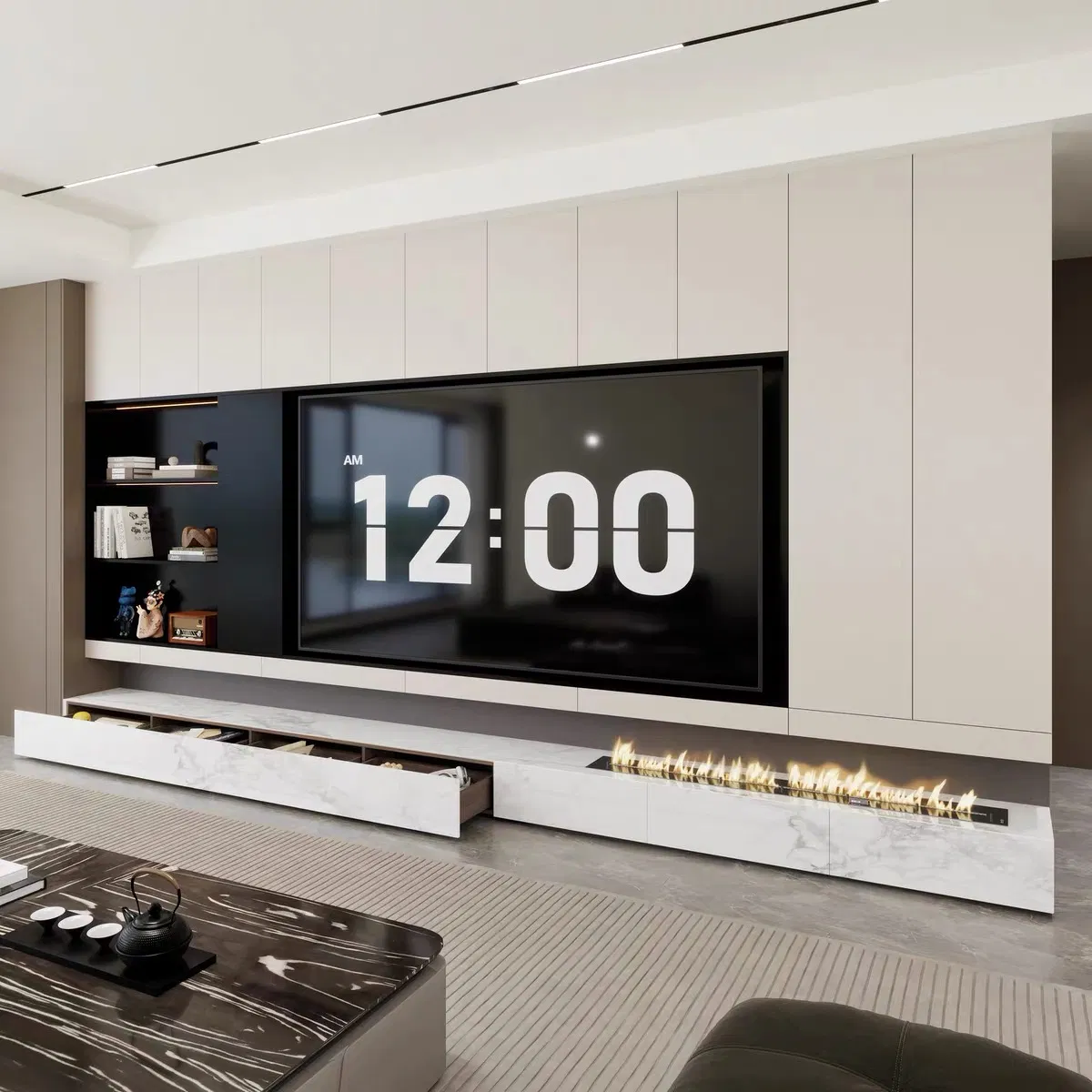 Minimalist Modern Living Room Movable Wooden Fireplace TV Stand Combination Wall Mounted Background Wall Cabinet