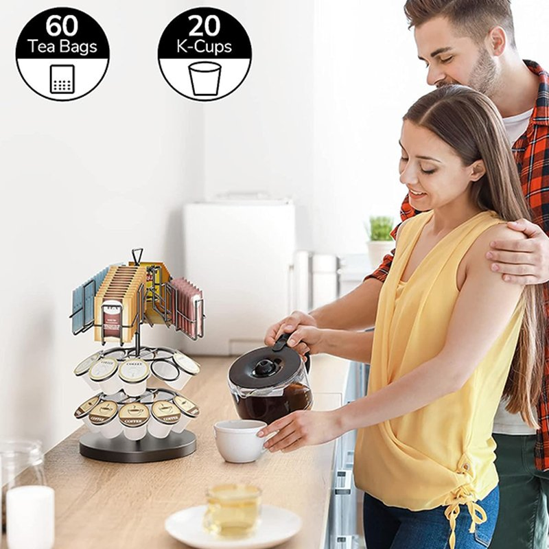 Long Life High Quality Kitchen Metal Wooden Black Holds 60 K Cups Nespresso Carousel Station Countertop Syrup Coffee Revolving Pods Organizer