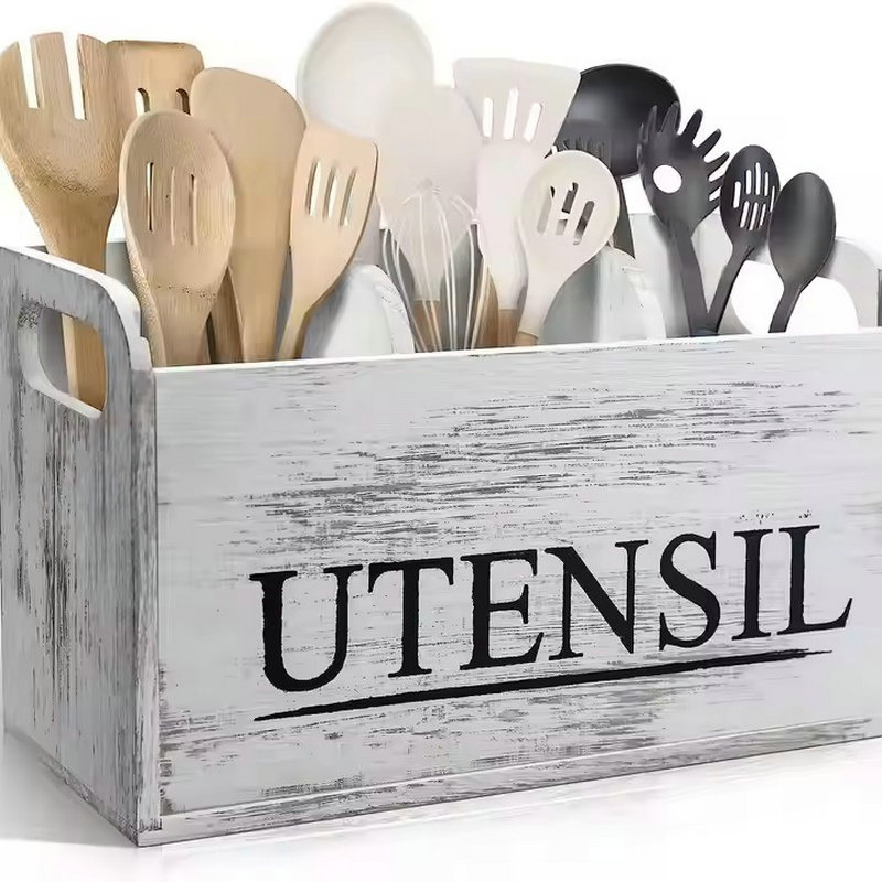 Large Kitchen Utensils Holder with 4 Compartments Wooden Organizer Ez29773
