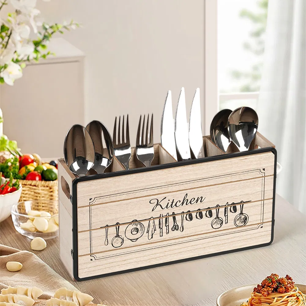 Wooden Kitchen Utensil Holder Caddy Flatware Organizer Cutlery Drainer with Handle Ez29769