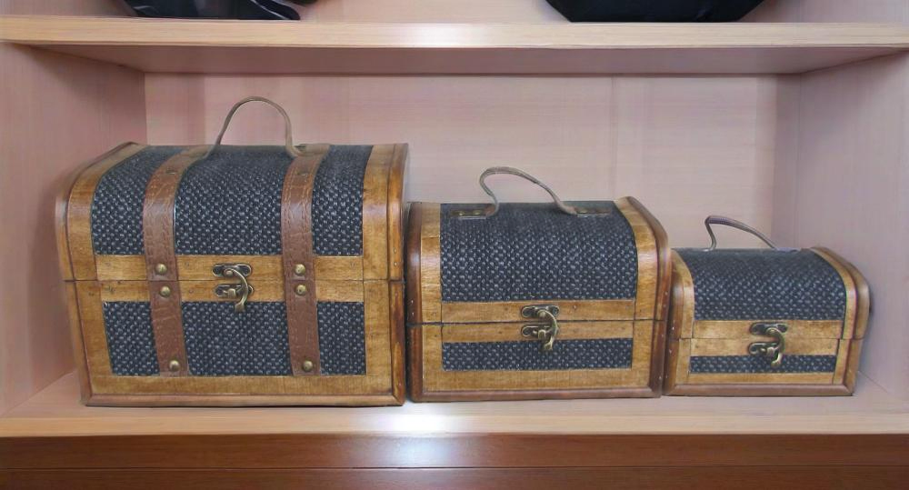 Chic Handcrafted Handbag Box, Vintage Wooden Treasure Chest Set/3, Dress-up/Make-up Organizer, Elegant Style Black Linen Storage Box/Gemstone&Jewelry Case