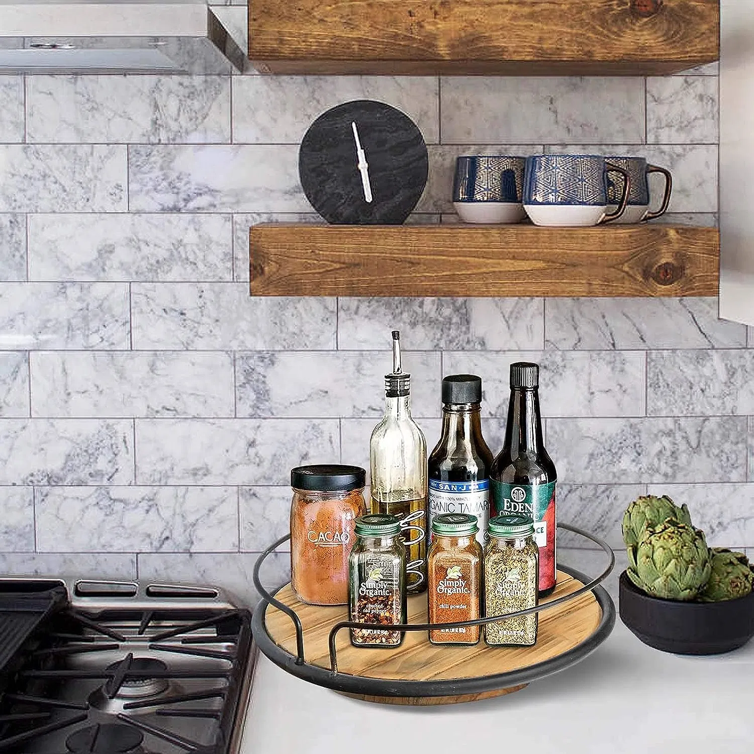 Wood Lazy Susan Organizer for Table Kitchen Turntable Wood Rotating Spice Rack