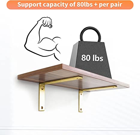 Gold Heavy Duty Shelf Brackets 8 X 6 Inch, Extra Thick L Shelving Brackets, Rustic Gold Iron Floating Shelves Wall Mounted with Hardware for DIY Open Shelving