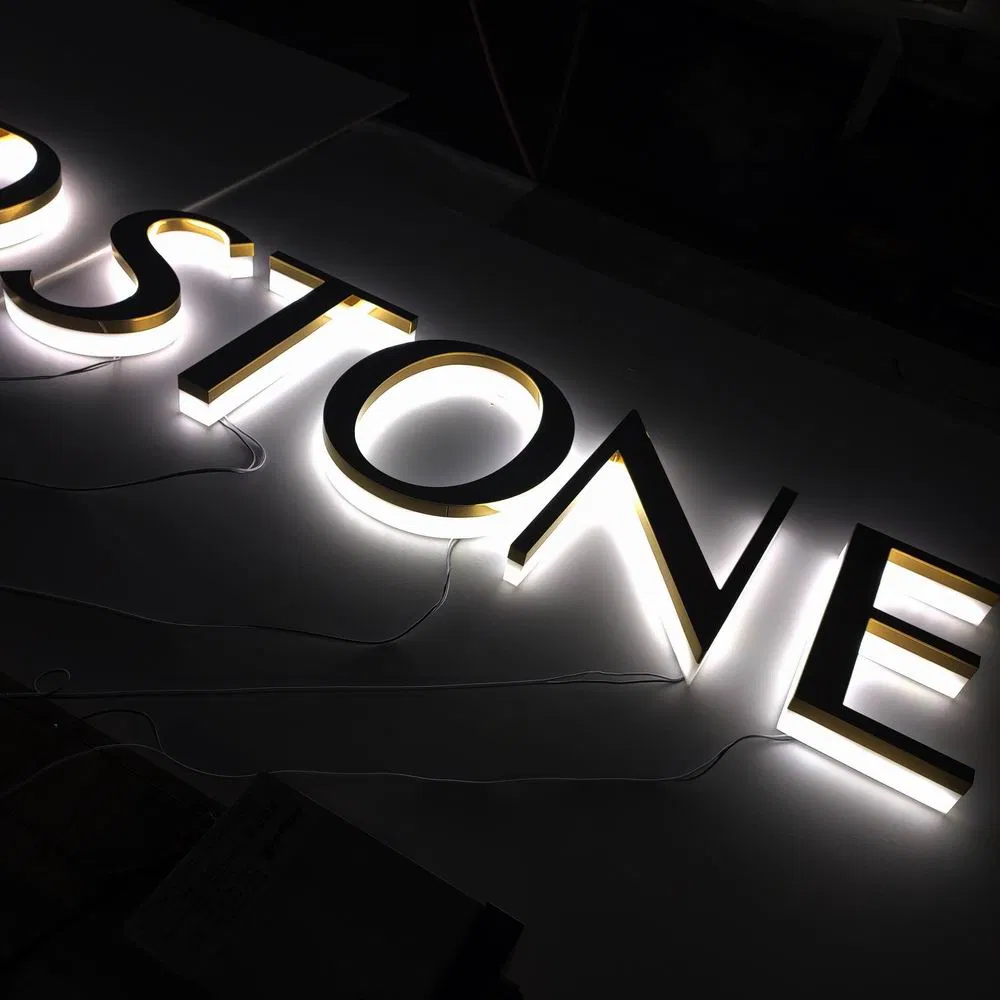 Custom Design Gold Mirror Finished Stainless Steel 3D Backlit Signage