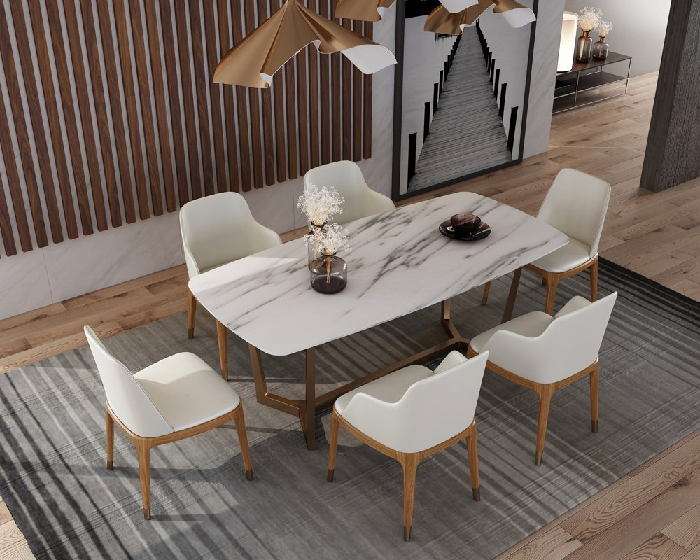 Modern Table Set Dining Room Restaurant Furniture with Popular PU Leather Fabric Chairs