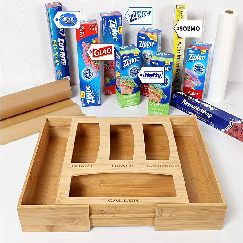 Customized Wooden Bamboo Kitchen Drawer Expandable Ziplock Bag Storage Organizer with Foil Wrap Dispenser