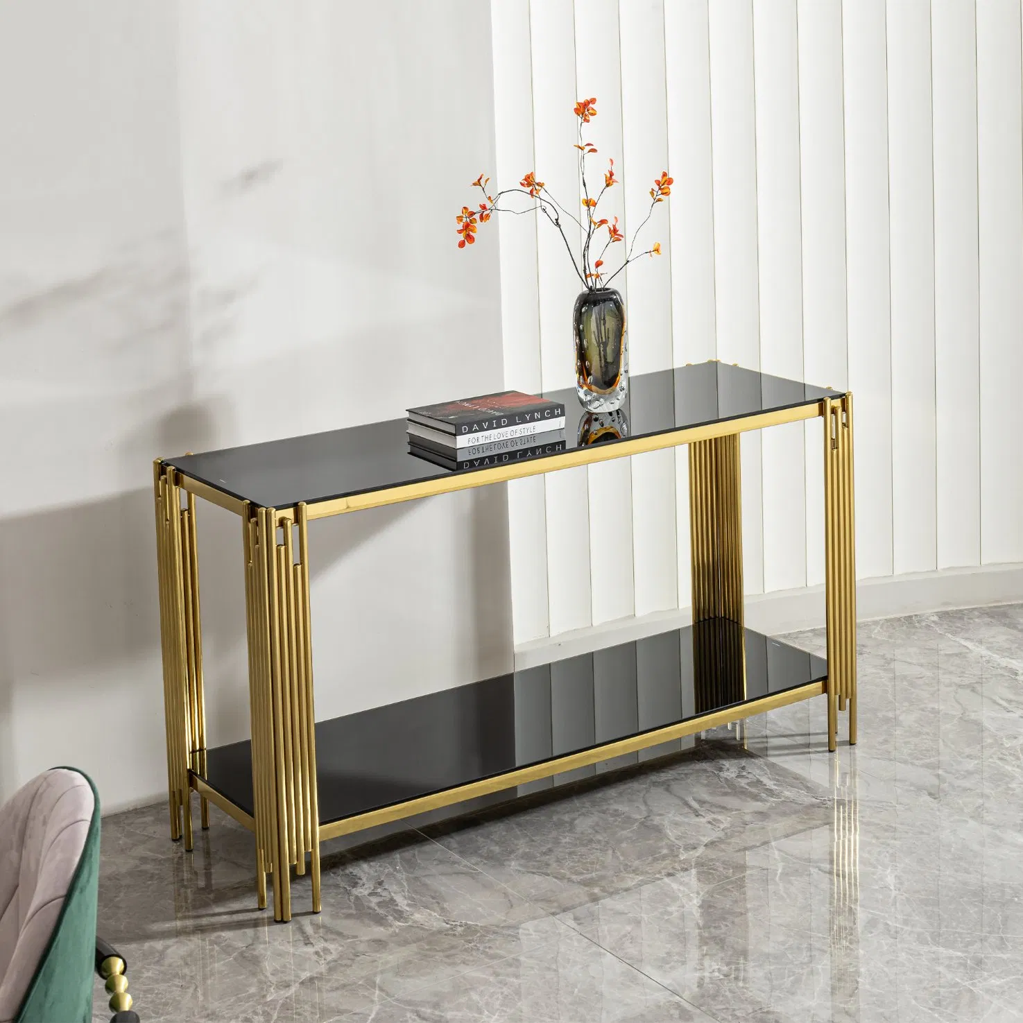 Modern Luxury Living Room 2-Tier Shelf Black Glass and Gold Metal Frame Entryway Console Tables