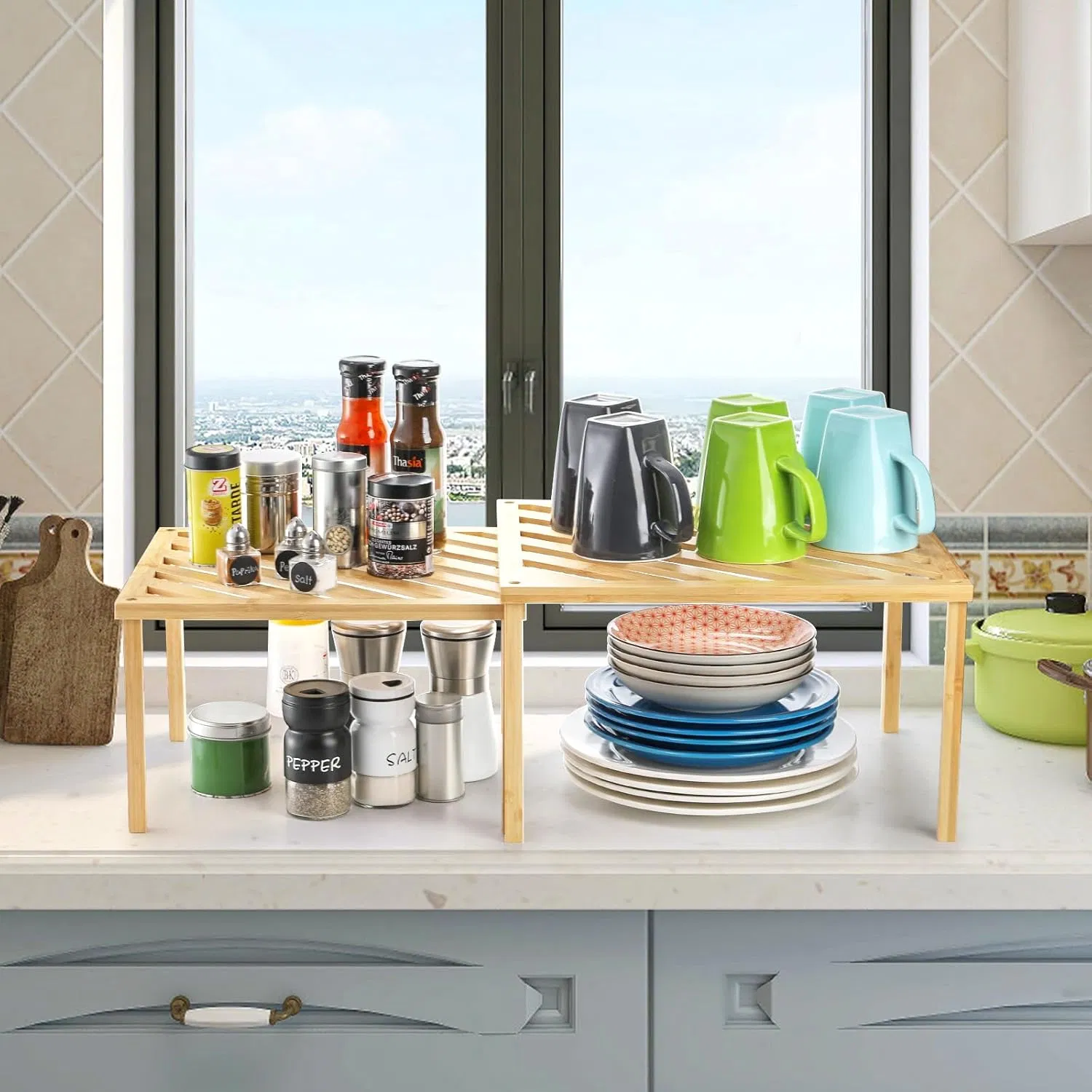 Wooden Stackable Storage Shelf - Food and Kitchen Organizer