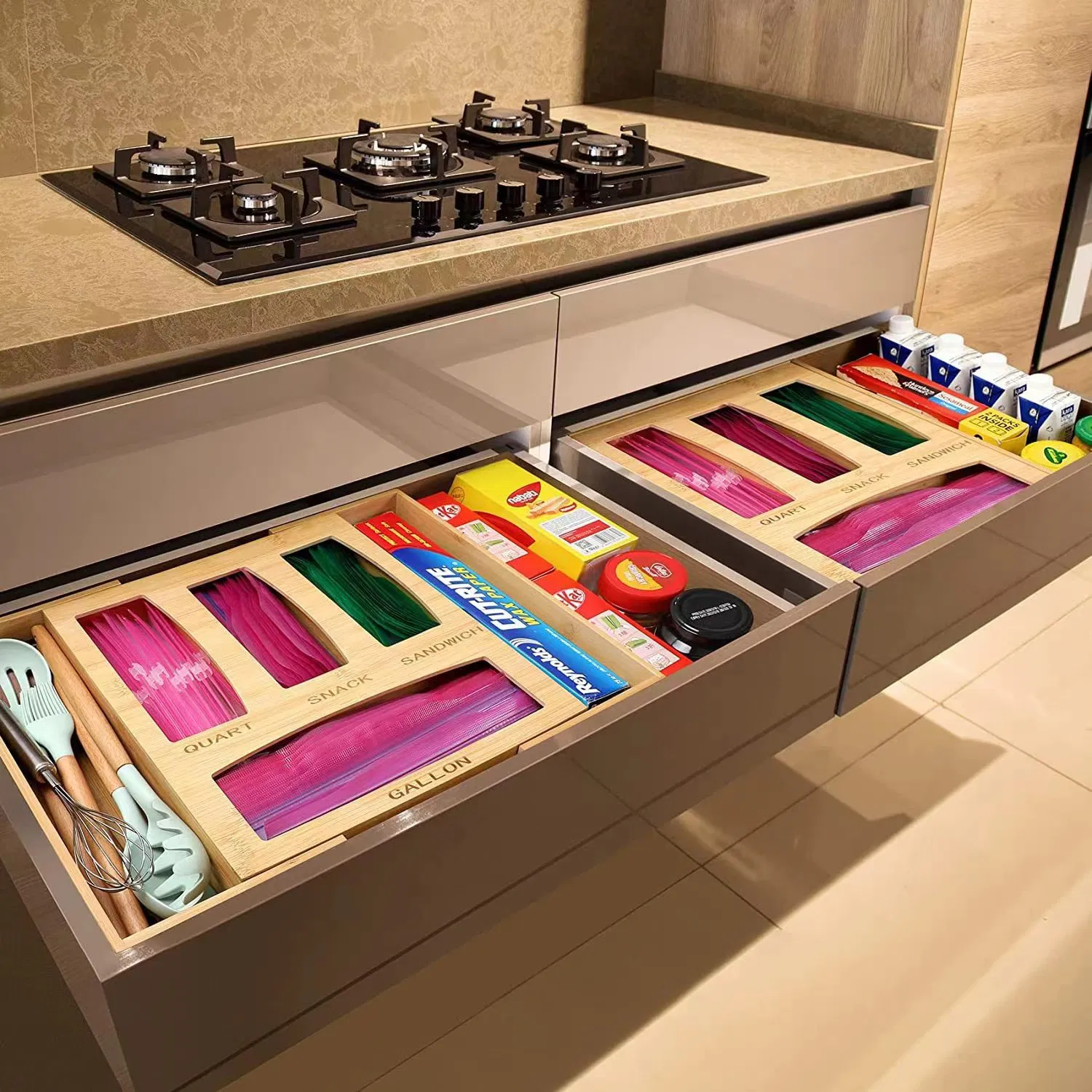Customized Wooden Bamboo Kitchen Drawer Expandable Ziplock Bag Storage Organizer with Foil Wrap Dispenser