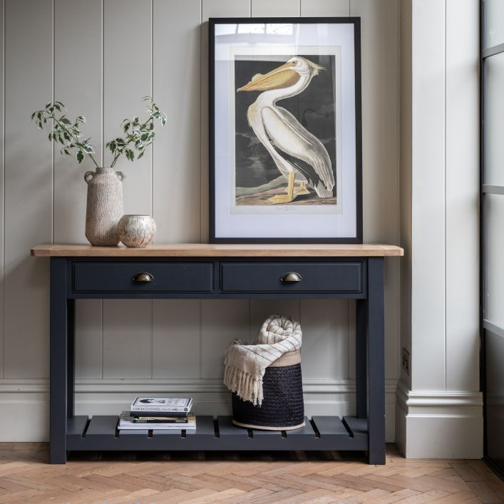 New Arrival Oak with MDF Veneer Console Table, Narrow Navy Blue Painting Entryway Table with Drawers and Plank Shelf for Hallway, Behind The Couch, Corridor