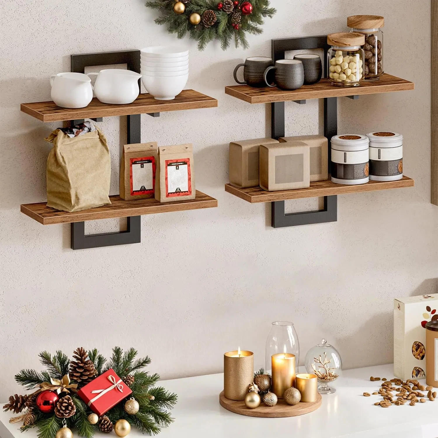 Wall Mounted Storage Shelves 2-Tier Hanging Shelves Floating Shelves Wall Shelf for Living Room Bedroom Bathroom Kitchen Rustic