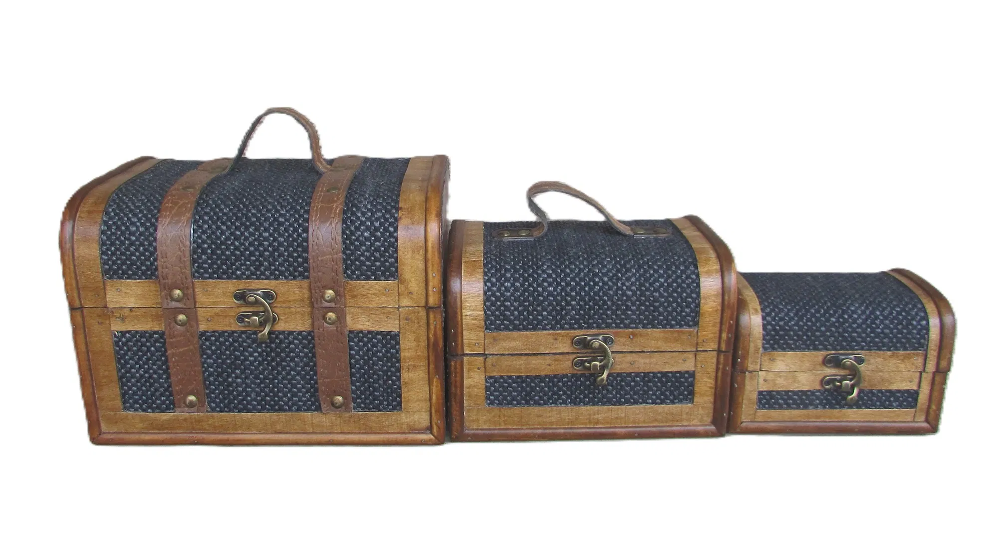 Chic Handcrafted Handbag Box, Vintage Wooden Treasure Chest Set/3, Dress-up/Make-up Organizer, Elegant Style Black Linen Storage Box/Gemstone&Jewelry Case