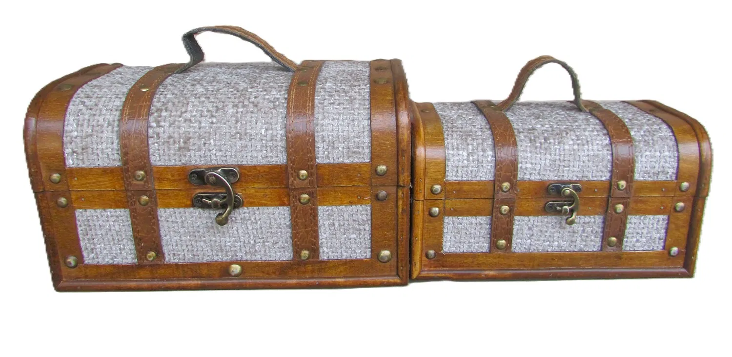 Chic Handcrafted Handbag Box, Vintage Wooden Treasure Chest Set/3, Dress-up/Make-up Organizer, Elegant Style Black Linen Storage Box/Gemstone&Jewelry Case