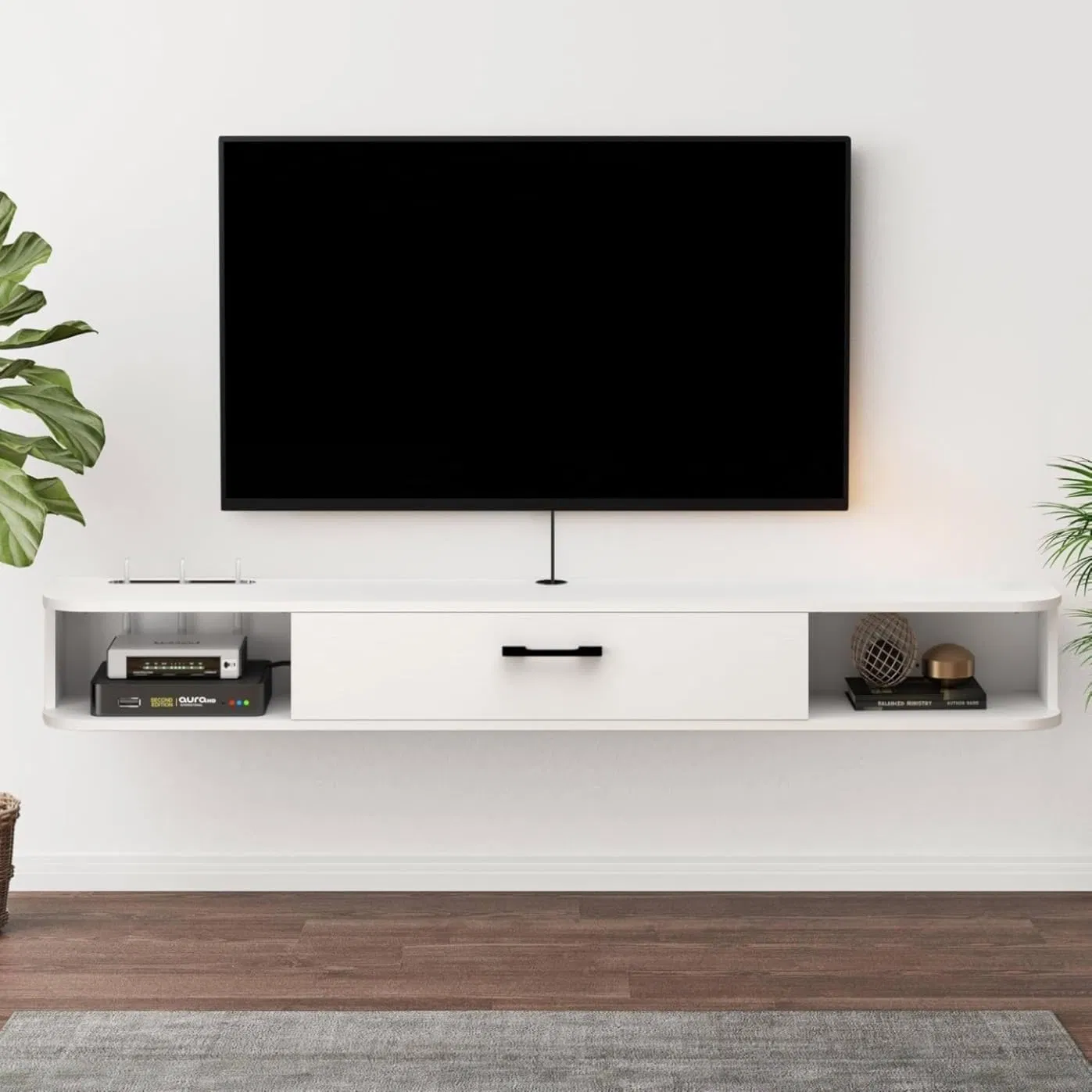 Minimalist White Finish Space Saving Drawers Floating TV Stand
