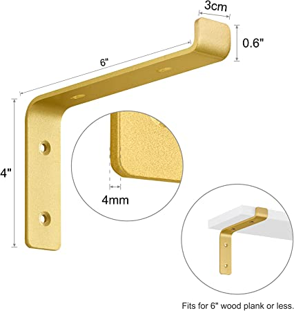 Gold Heavy Duty Shelf Brackets 8 X 6 Inch, Extra Thick L Shelving Brackets, Rustic Gold Iron Floating Shelves Wall Mounted with Hardware for DIY Open Shelving