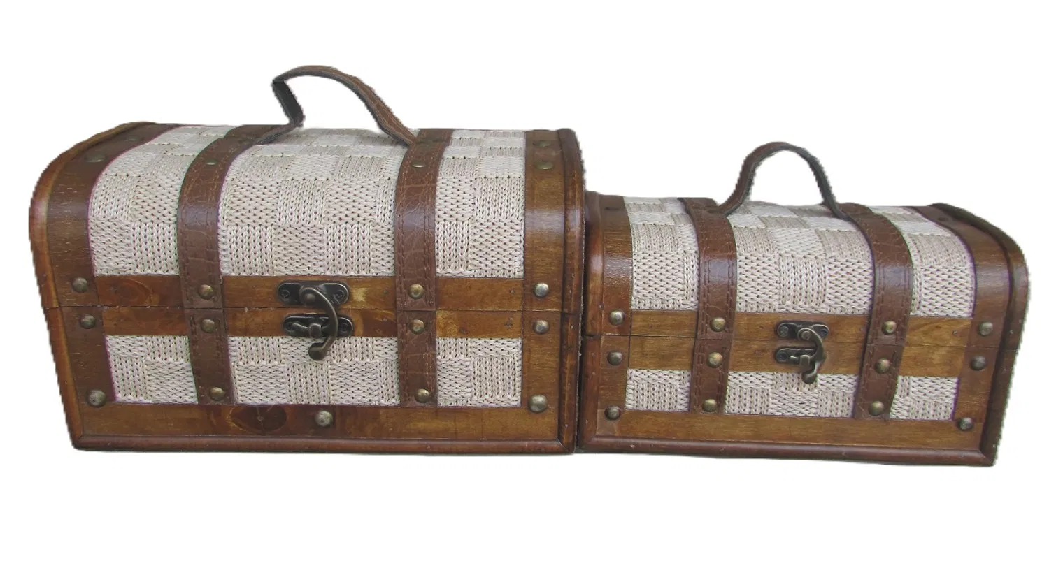 Pure Handcrafted Antique Wooden Treasure Chest Set/2, Make-up/Necklace/Jewelry Box Home Storage Box, Decor with White Tweed Linen Cover Elegant Style Decors