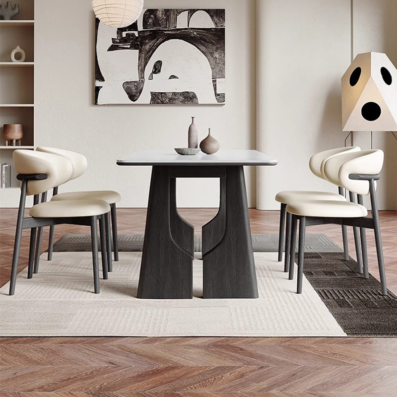 Rectangular Dining Table Set Light Luxury Sintered Stone Top Wooden Leg Table Kitchen Living Room Hotel Furniture