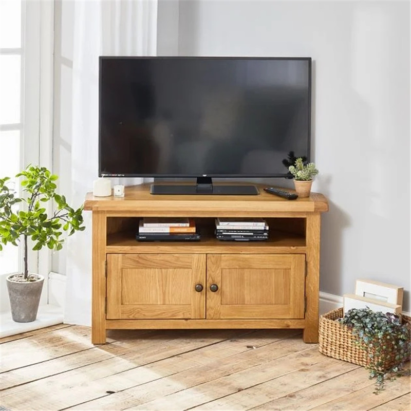 China Manufacture Nordic Minimalist Rustic Wooden Oak Corner Irregular Shape TV Stand
