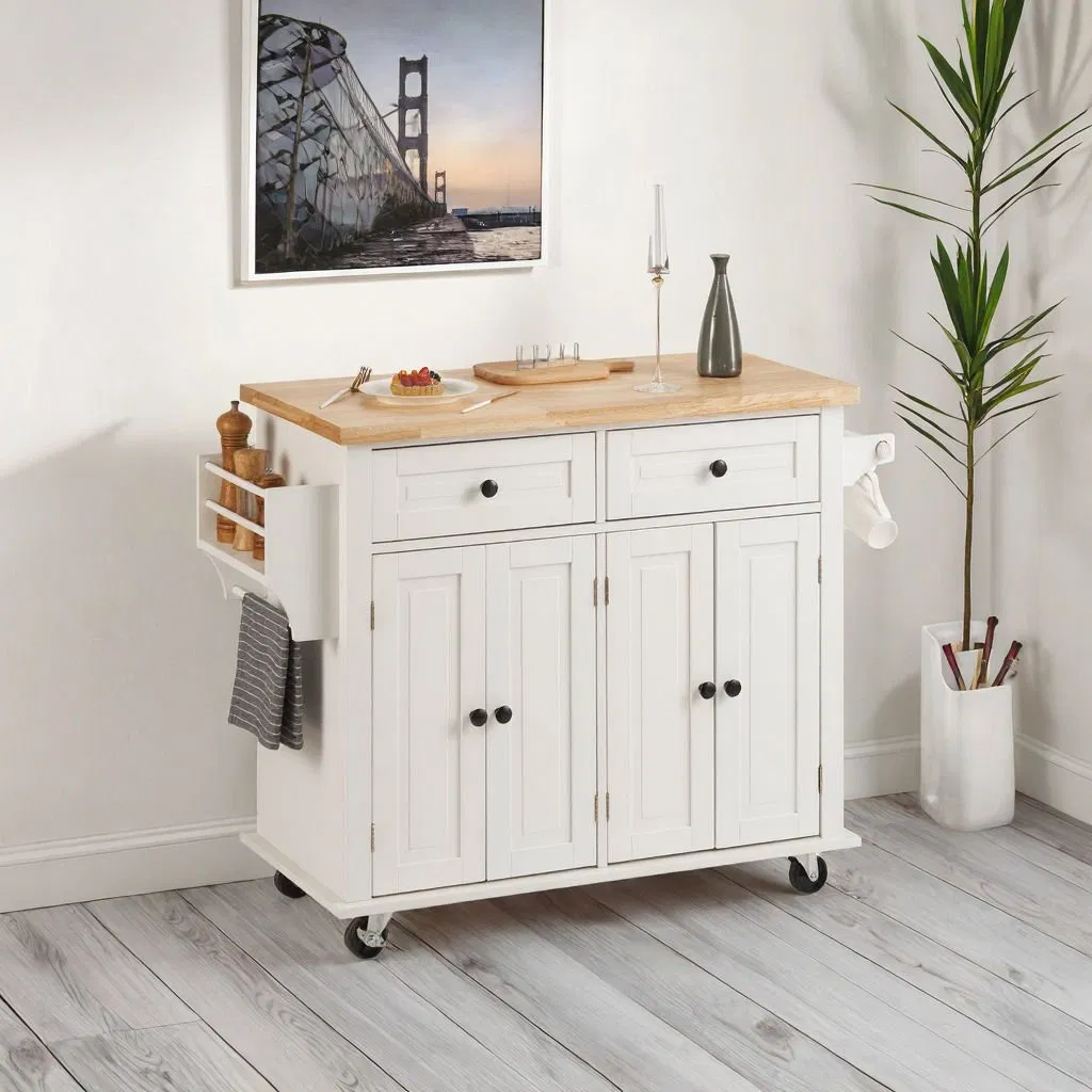 Modern Wooden Rolling Kitchen Island Table Removable Storage Cabinet Organizers